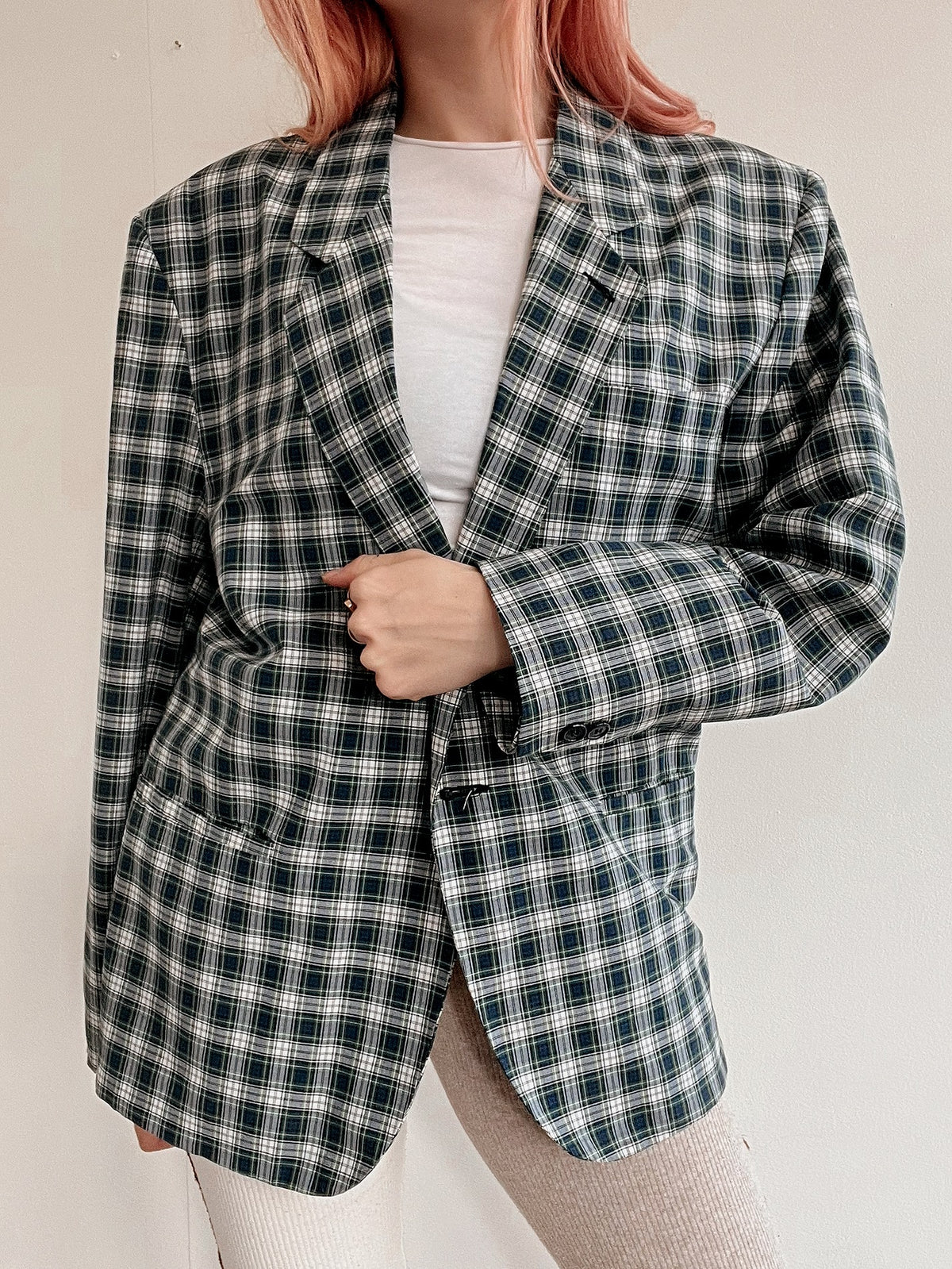 Veste blazer vintage grise et verte à carreaux M