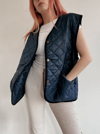 Veste vintage matelassée sans manches bleue foncée L