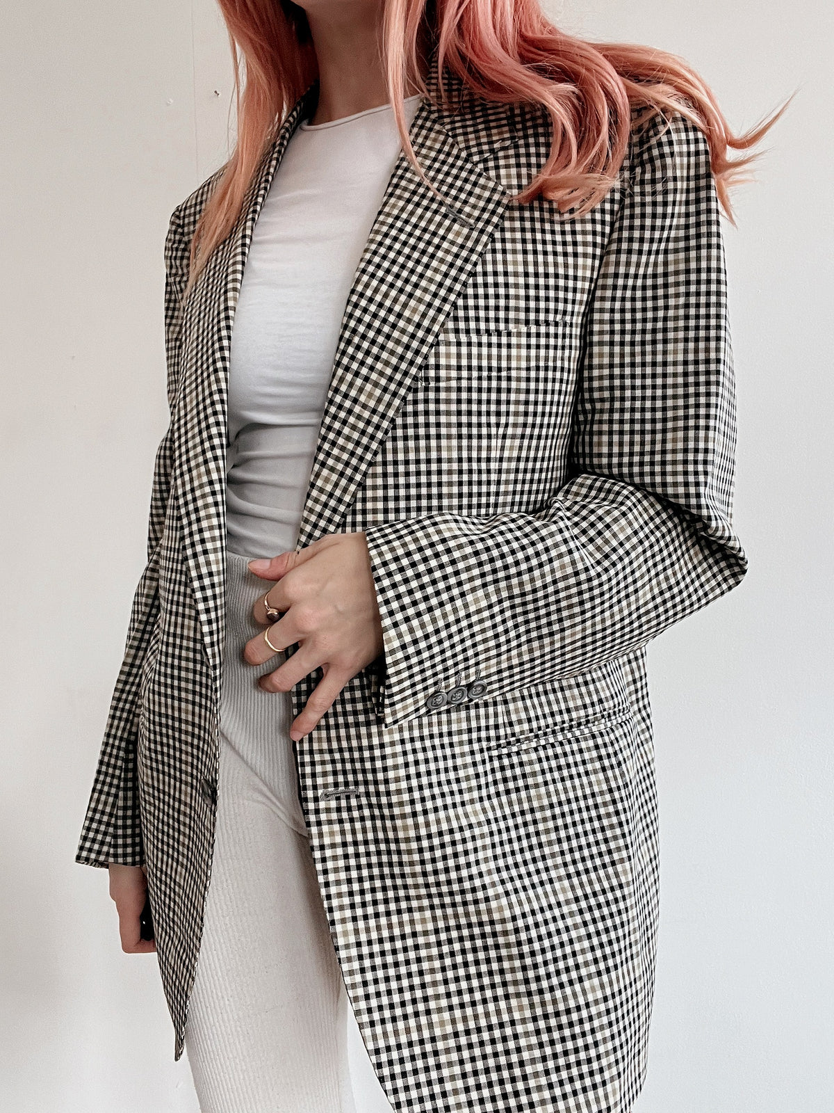 Veste blazer vintage beige à carreaux M/L