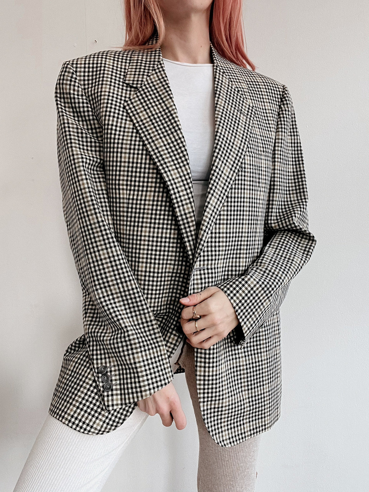 Veste blazer vintage beige à carreaux M/L