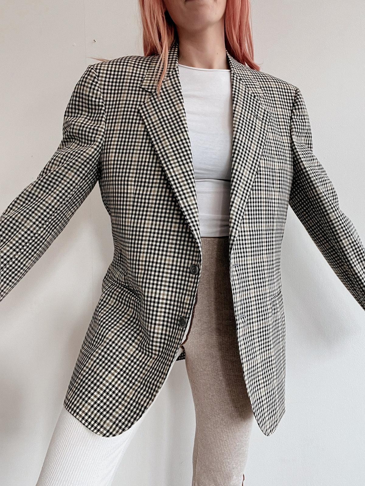 Veste blazer vintage beige à carreaux M/L