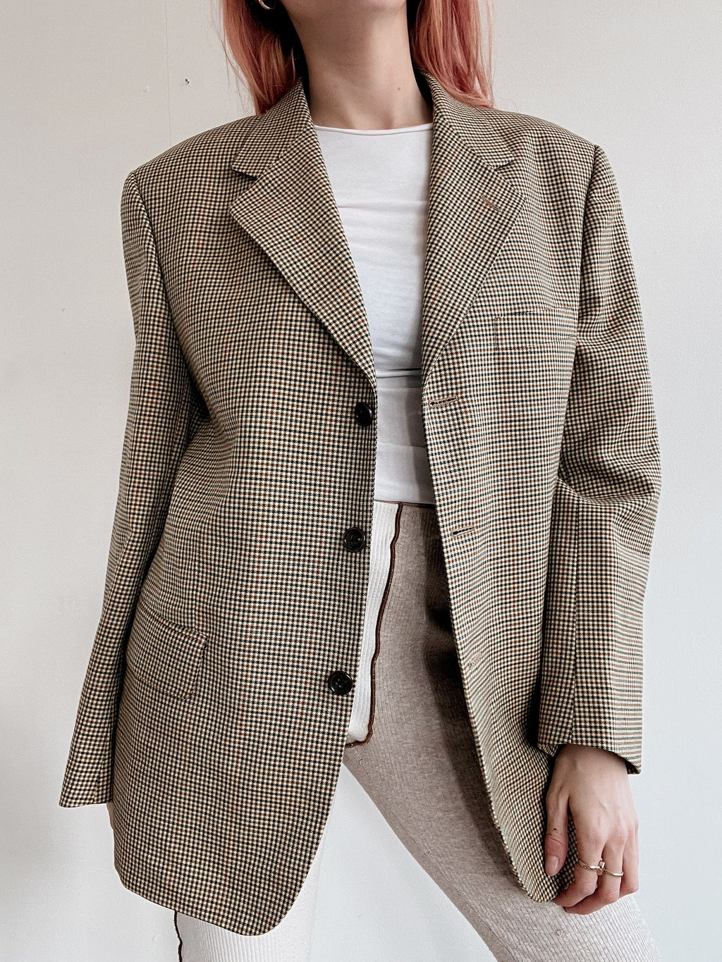 Vintage beige Blazerjacke mit kleinen Karos S/M