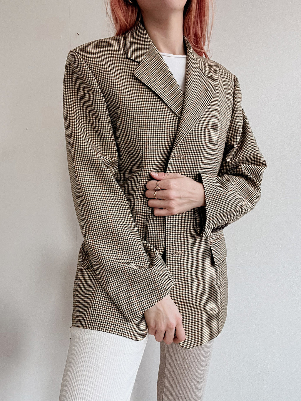 Vintage beige Blazerjacke mit kleinen Karos S/M