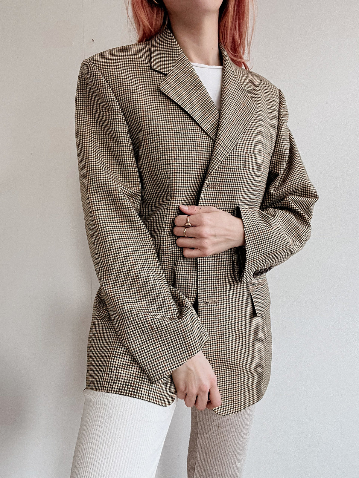 Vintage beige Blazerjacke mit kleinen Karos S/M