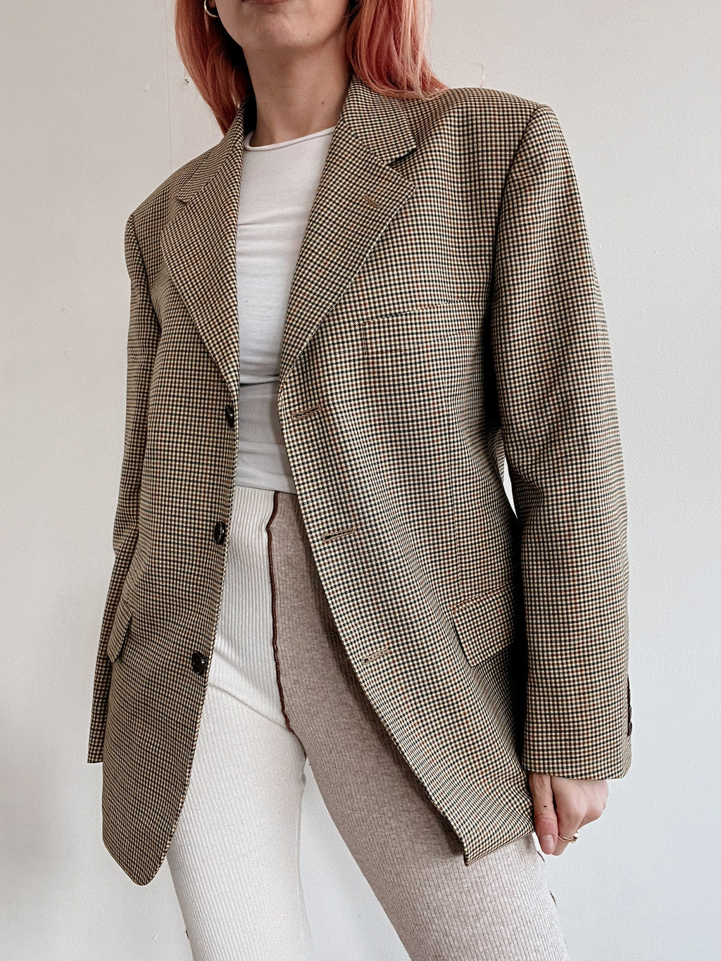 Vintage beige Blazerjacke mit kleinen Karos S/M