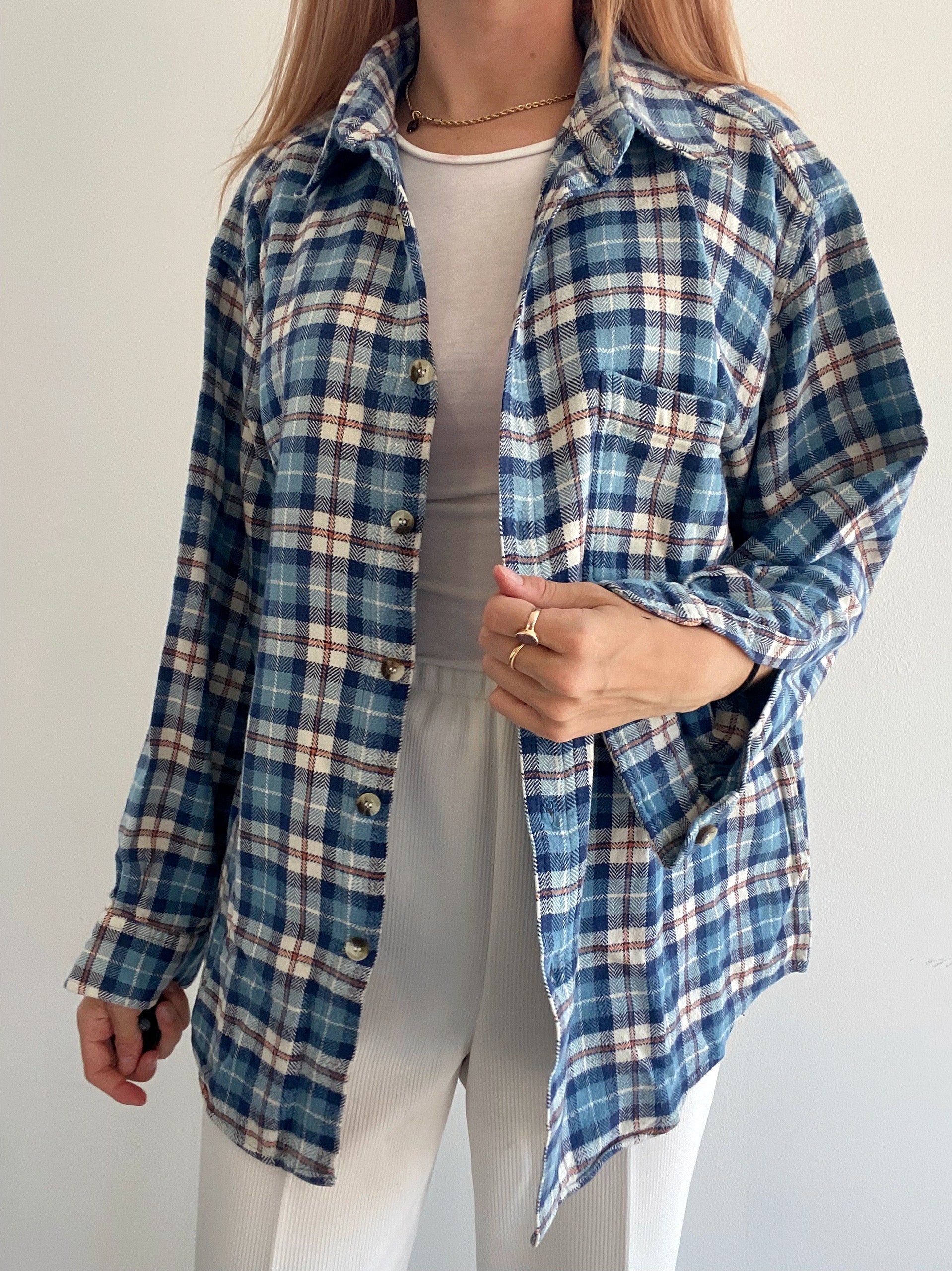 Chemise Vintage à carreaux bleue claire L