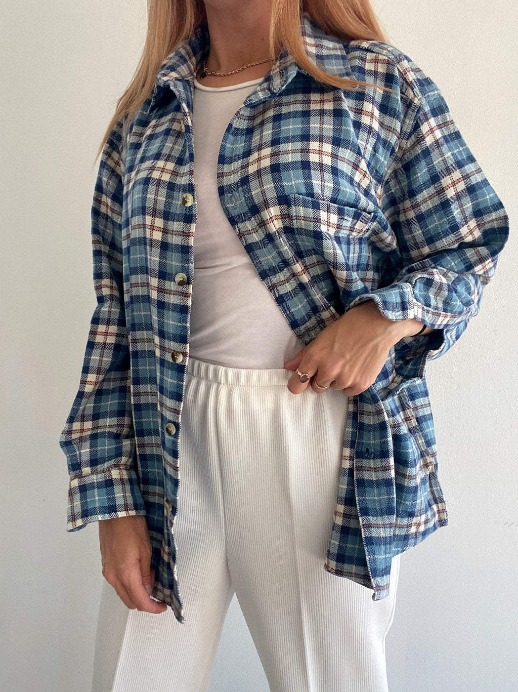 Chemise Vintage à carreaux bleue claire L