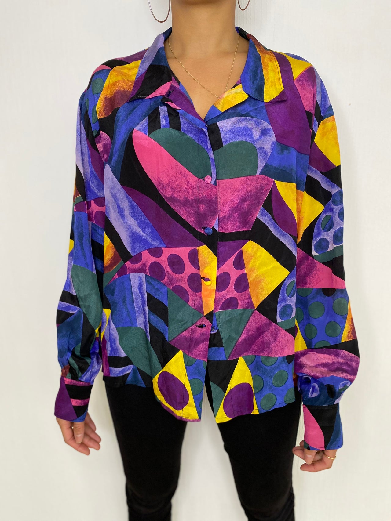 Colorful purple/yellow/blue blouse