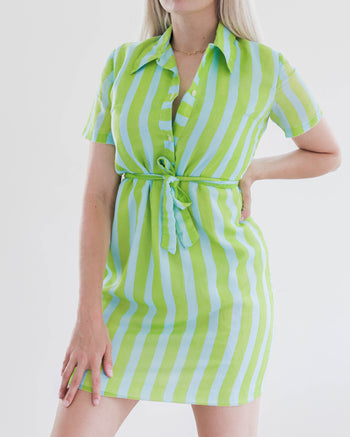 E, Robe Vintage verte/bleue à rayures S