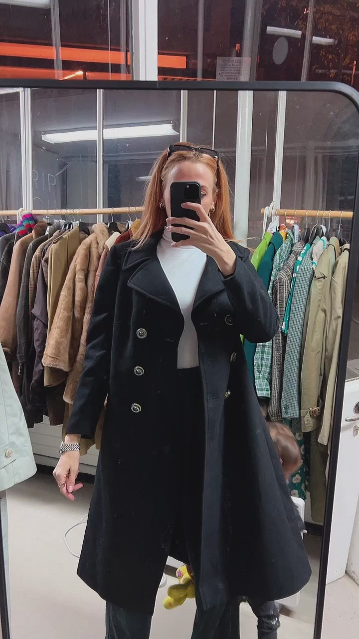 Manteau vintage noir en laine S/M