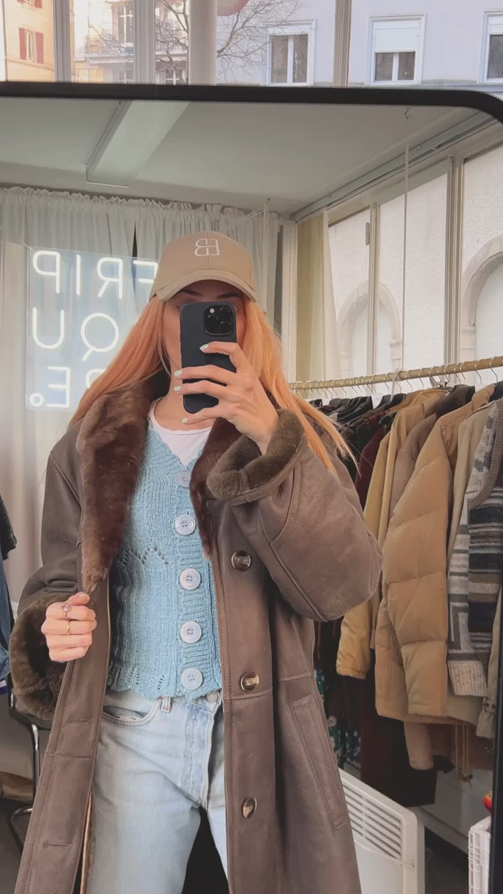 Taupe/brauner Lammfellmantel Curi außen M/L 