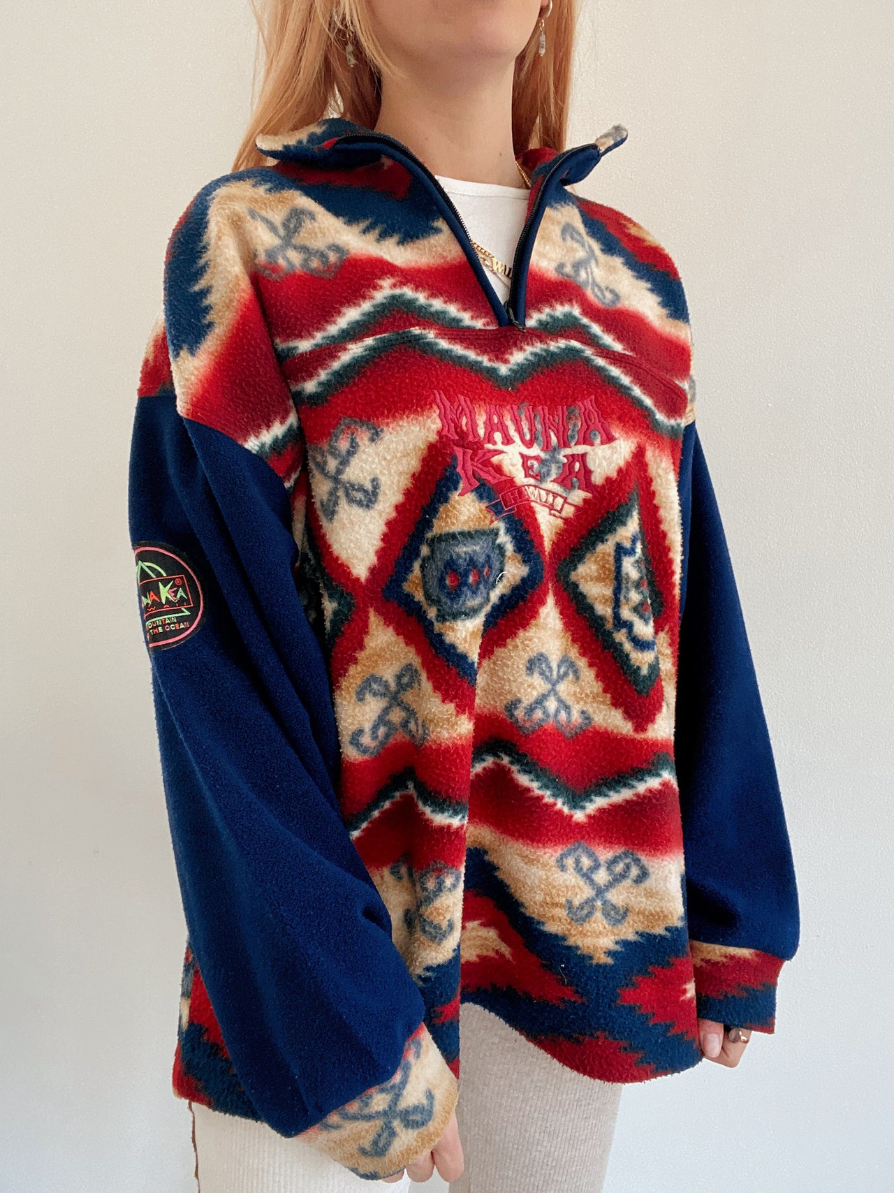 Polaire vintage bleue foncée/rouge L