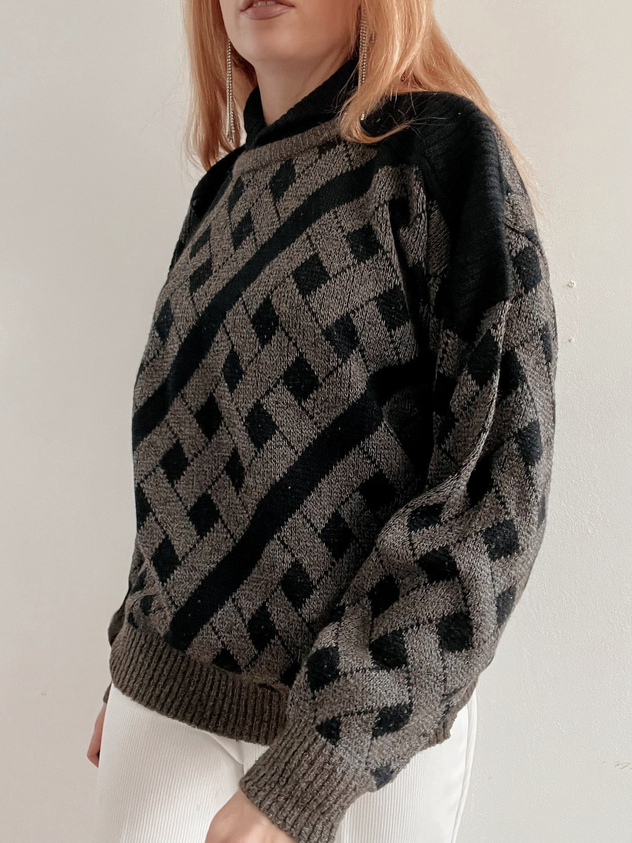 Pull vintage en laine noir et gris col montant M