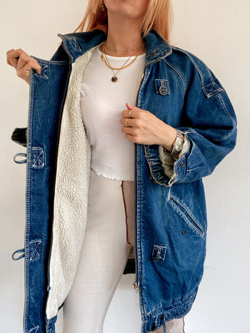 Veste en jeans vintage mi-longue oversized intérieur mouton M