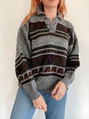 Pull vintage en laine gris foncé à motifs M/L