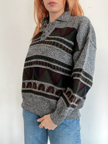 Pull vintage en laine gris foncé à motifs M/L