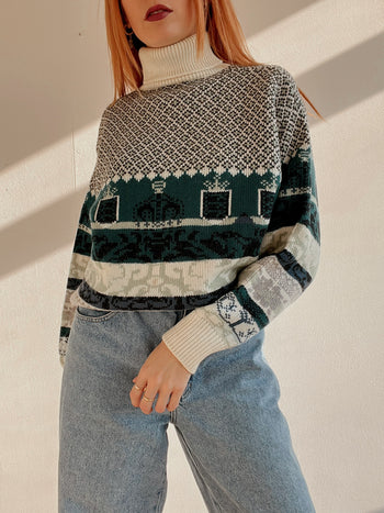 Pull vintage en laine blanc cassé et vert M/L