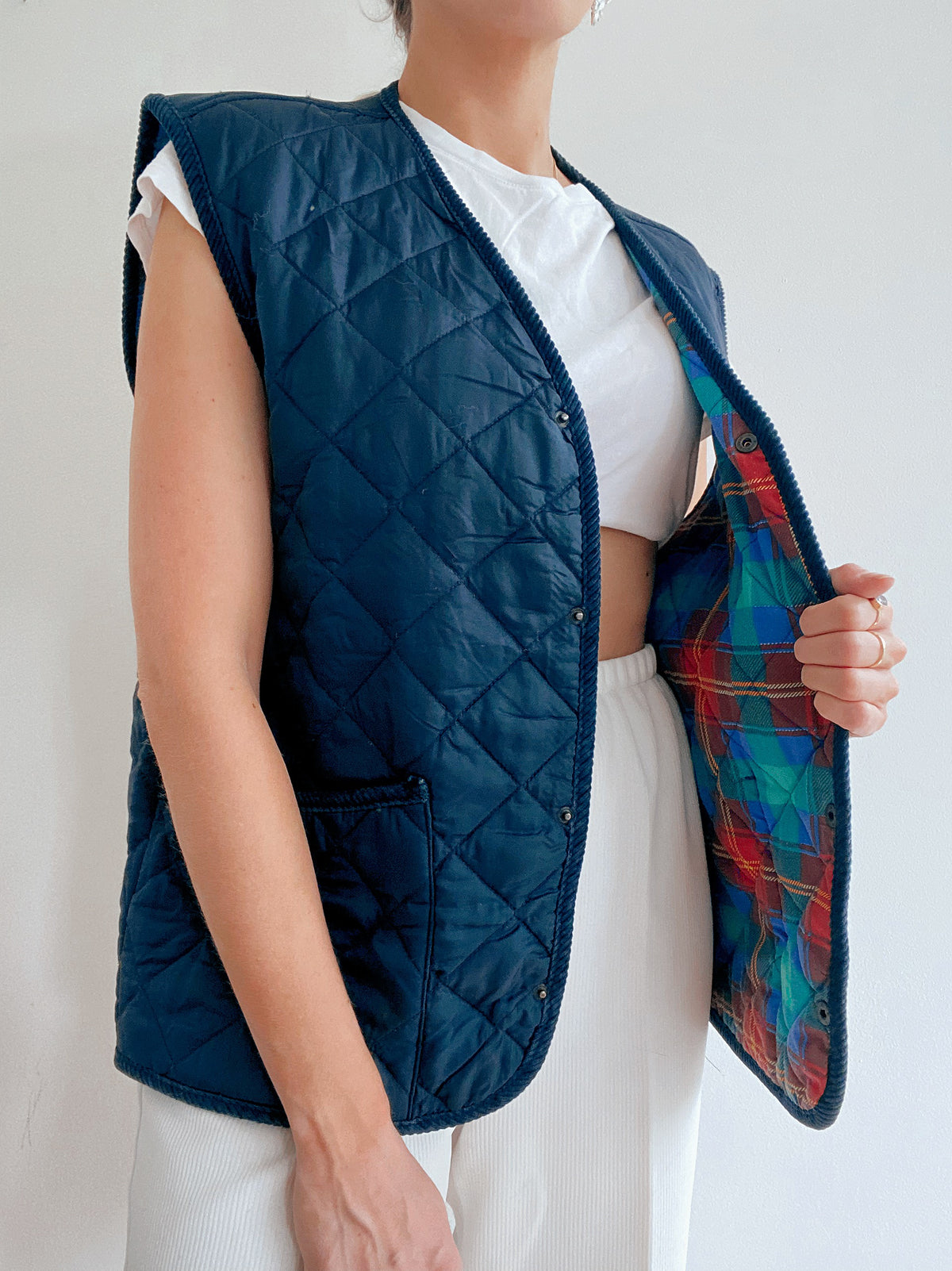 Gilet vintage sans manches matelassé bleu foncé  L