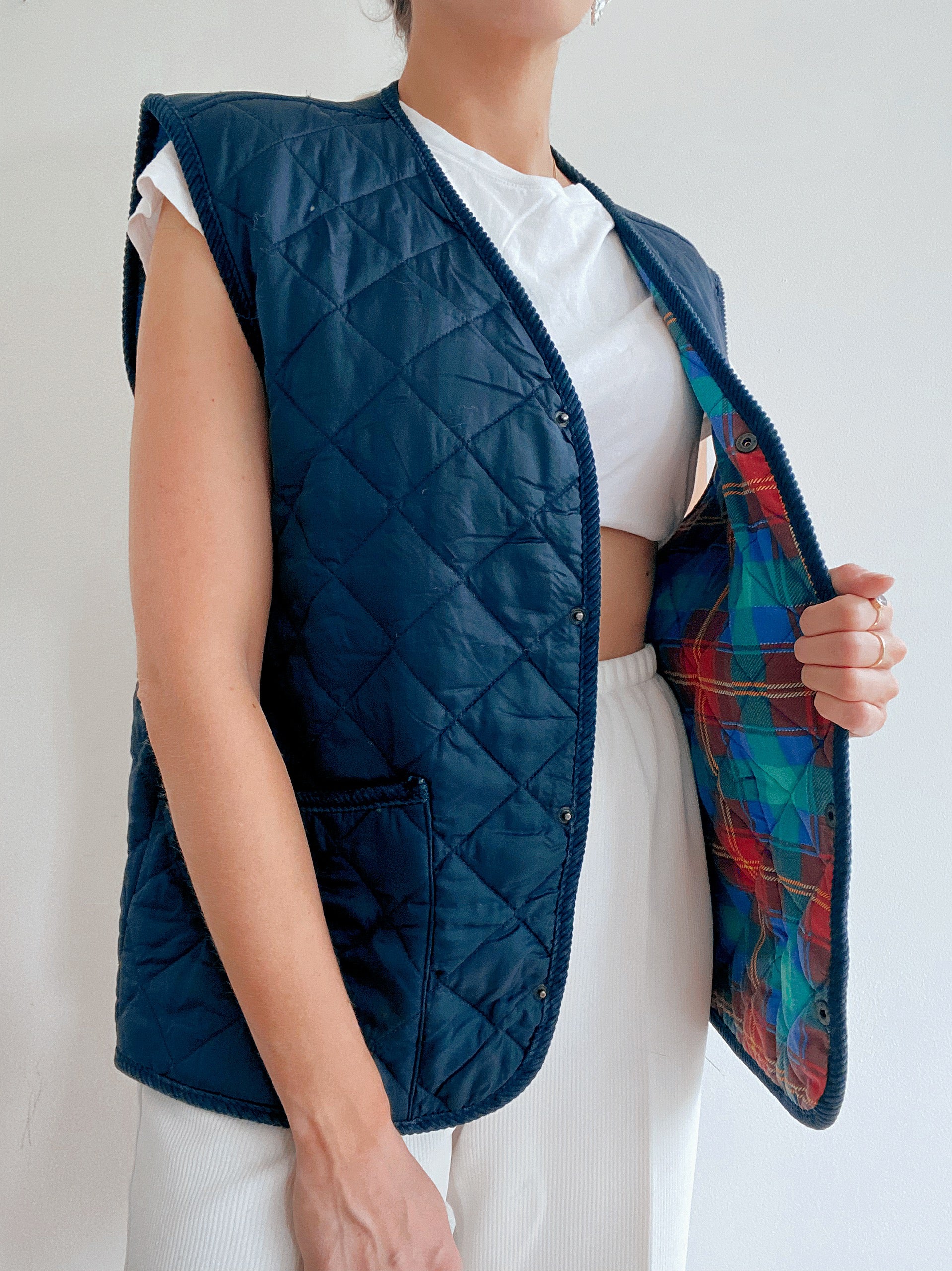 Gilet vintage sans manches matelassé bleu foncé  L