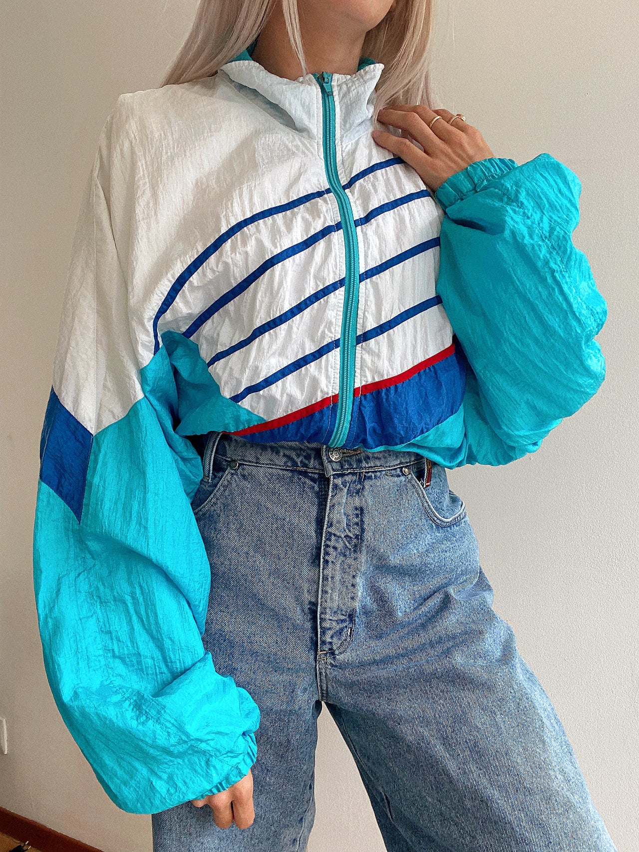 White and blue jacket with orange collar Adidas XL