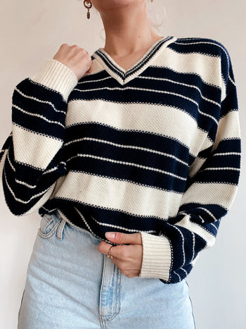 Vintage-Pullover aus cremefarbener und marineblauer Wolle