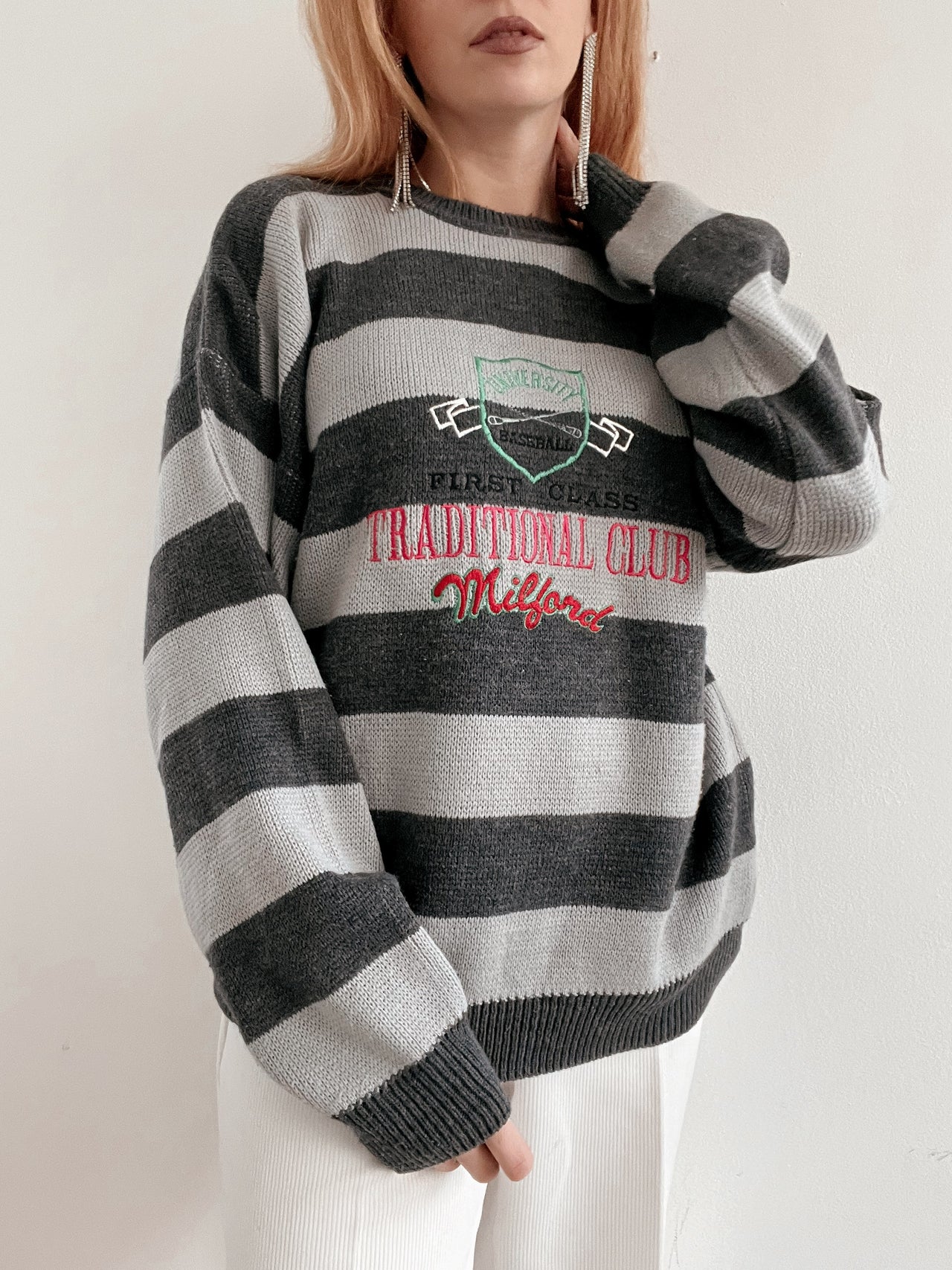 Pull vintage en maille gris M