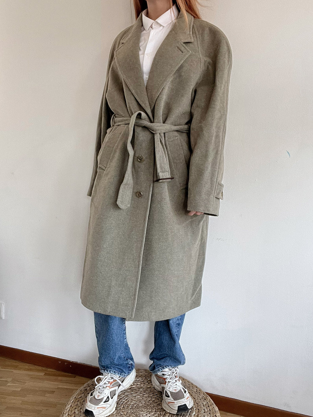 Vintage Wollmantel Taupe/Grün L