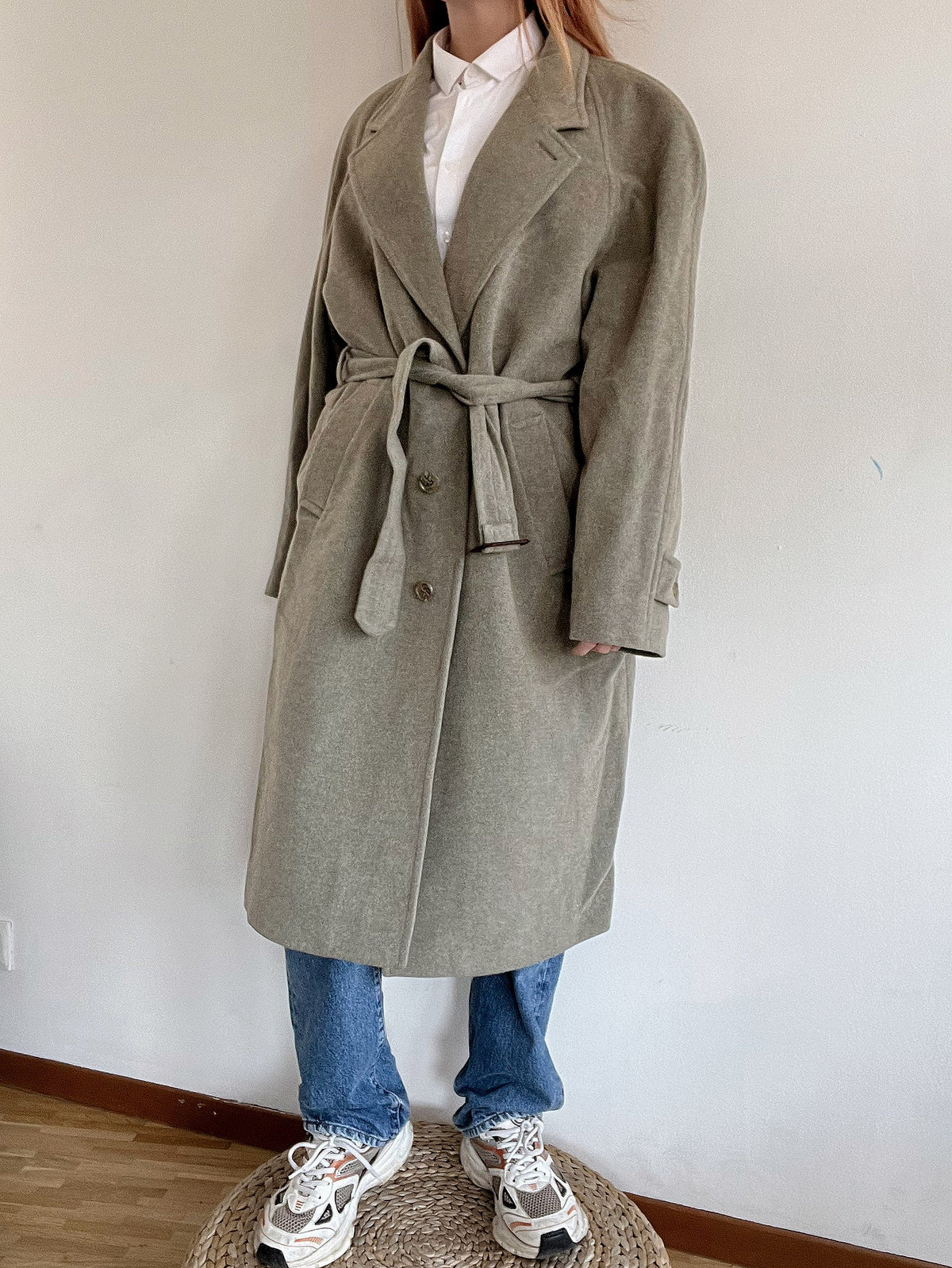 Vintage Wollmantel Taupe/Grün L