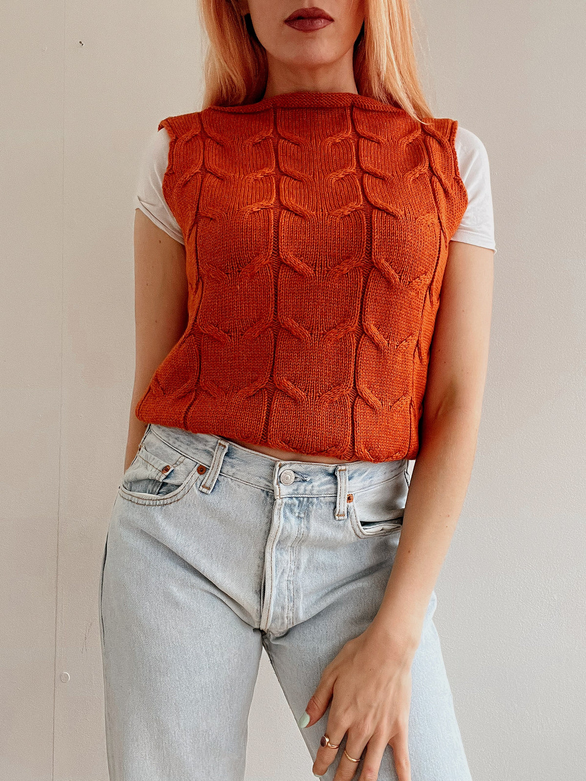 Gilet vintage sans manche en maille orange M