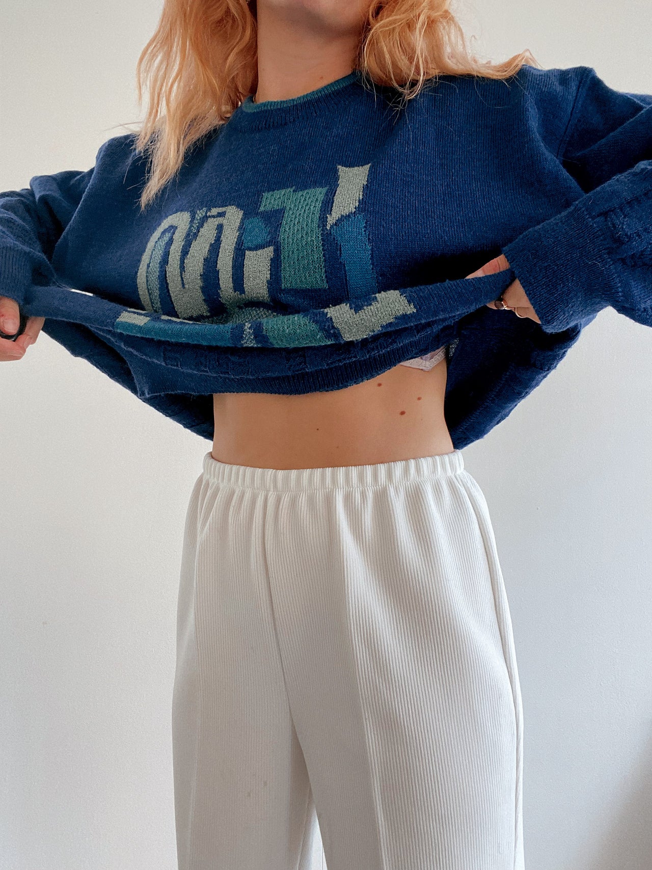 Pull vintage en laine bleu L