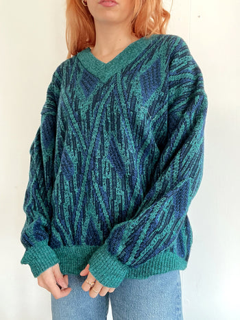 Pull vintage en laine bleu foncé et vert XL