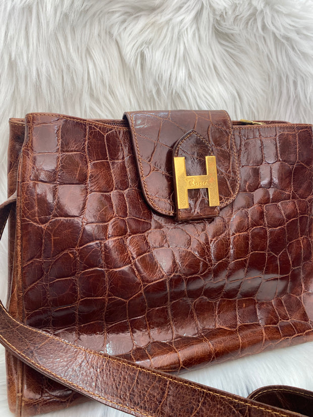Vintage braune Krokodilhandtasche mit Schultergurt 