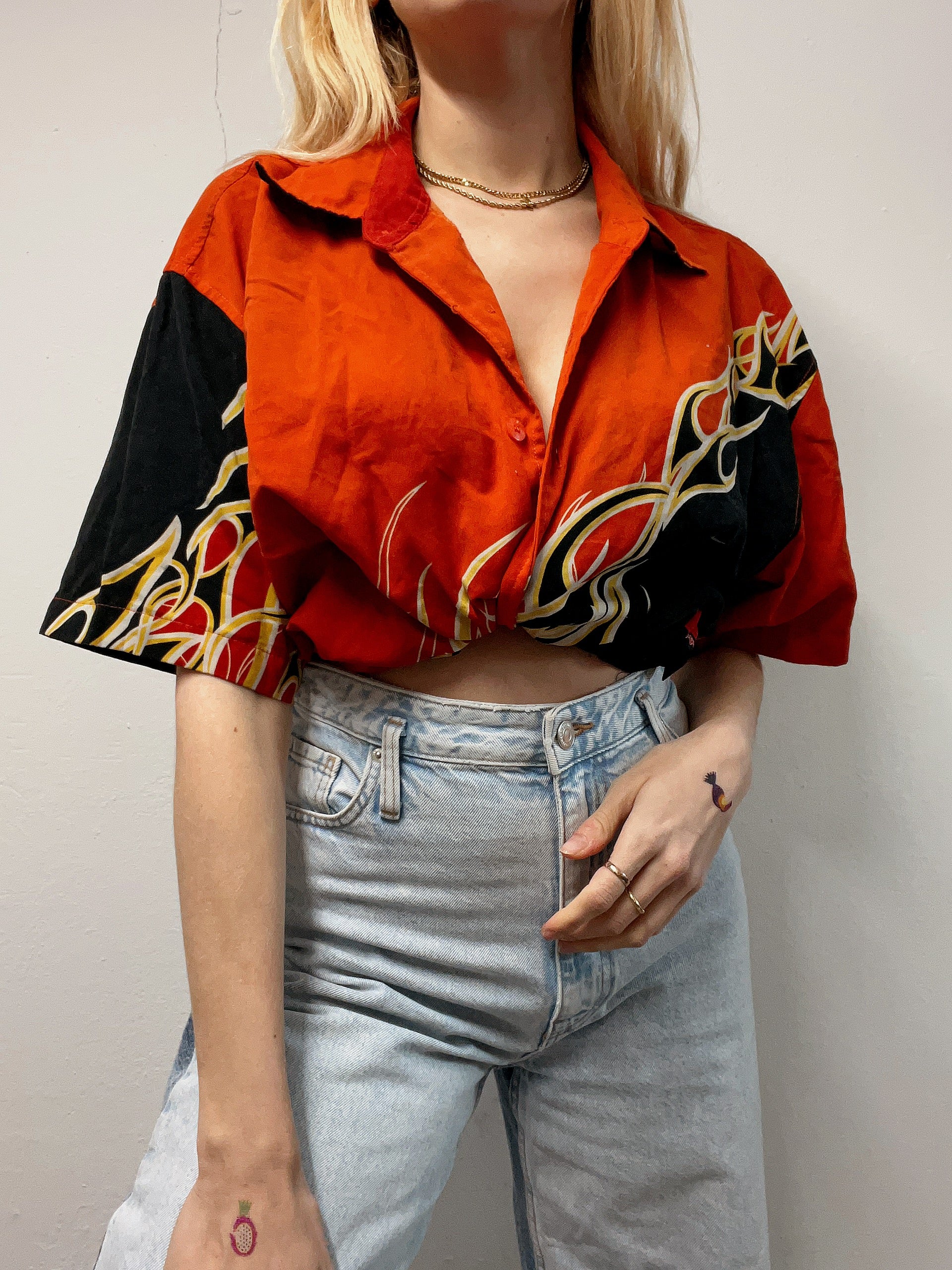 Chemise vintage orange et noir flamme XL