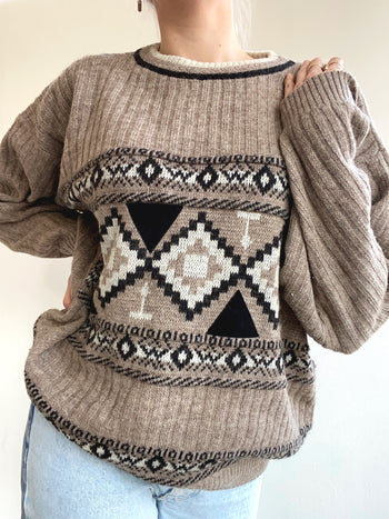 Pull vintage en laine beige à motifs