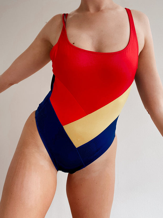 Vintage one piece swimsuit red blue yellow S/M
