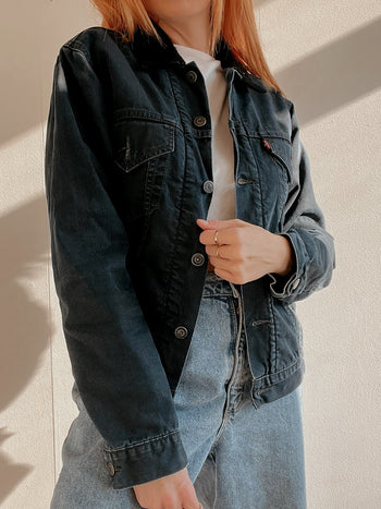 Veste en jeans vintage bleue foncée et noir intérieur mouton M