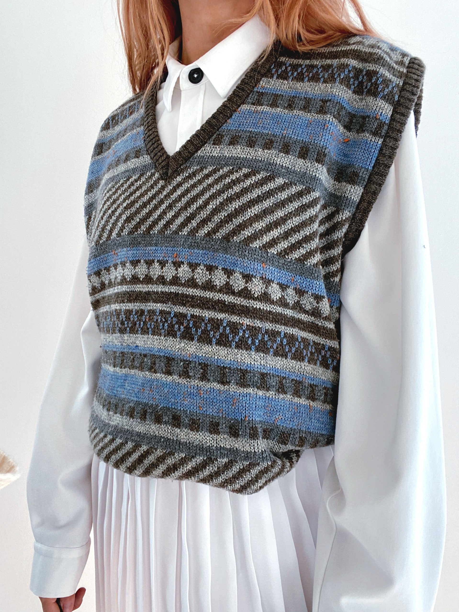 Gilet vintage sans manche en laine gris et bleu L