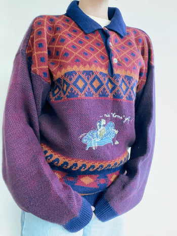 Blue knit turtleneck sweater with beige patterns M