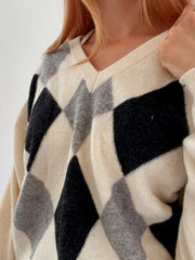 Vintage-Pullover aus wollweißer und grauer Wolle L