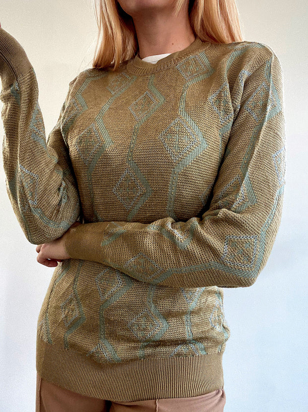 Feiner Vintage-Pullover aus beige/grüner Wolle S