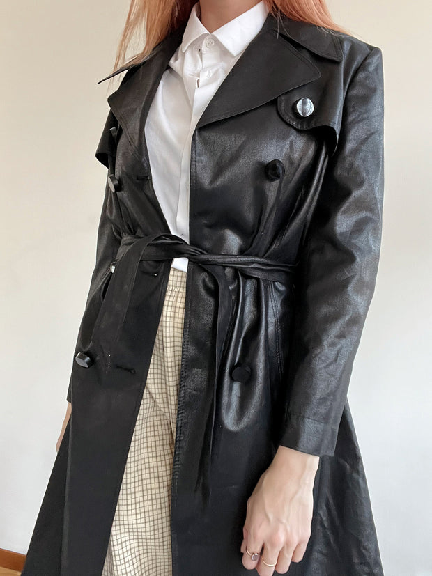 Vintage glänzender schwarzer Trenchcoat S 