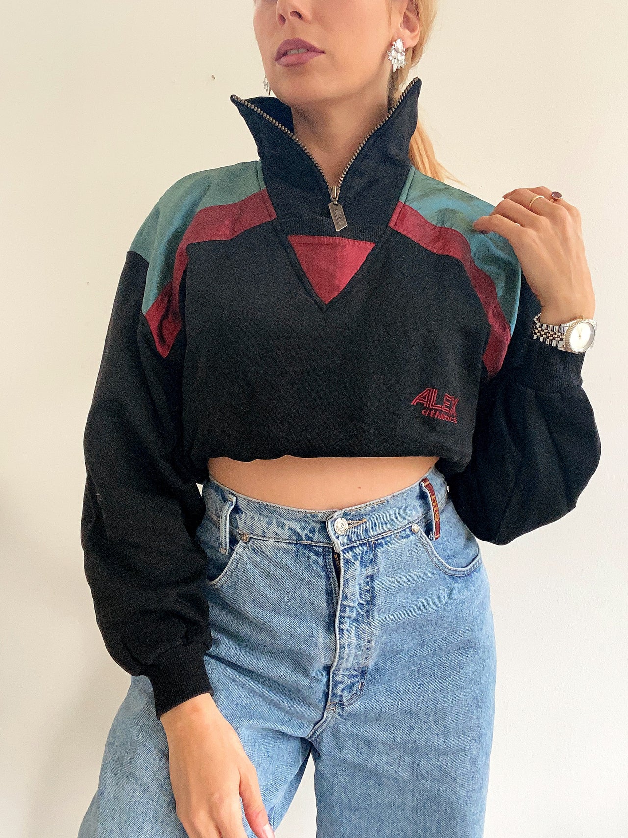 Pull vintage noir vert et rouge S