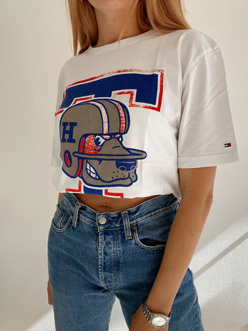 T-shirt vintage blanc et bleu Tommy Hilfiger L