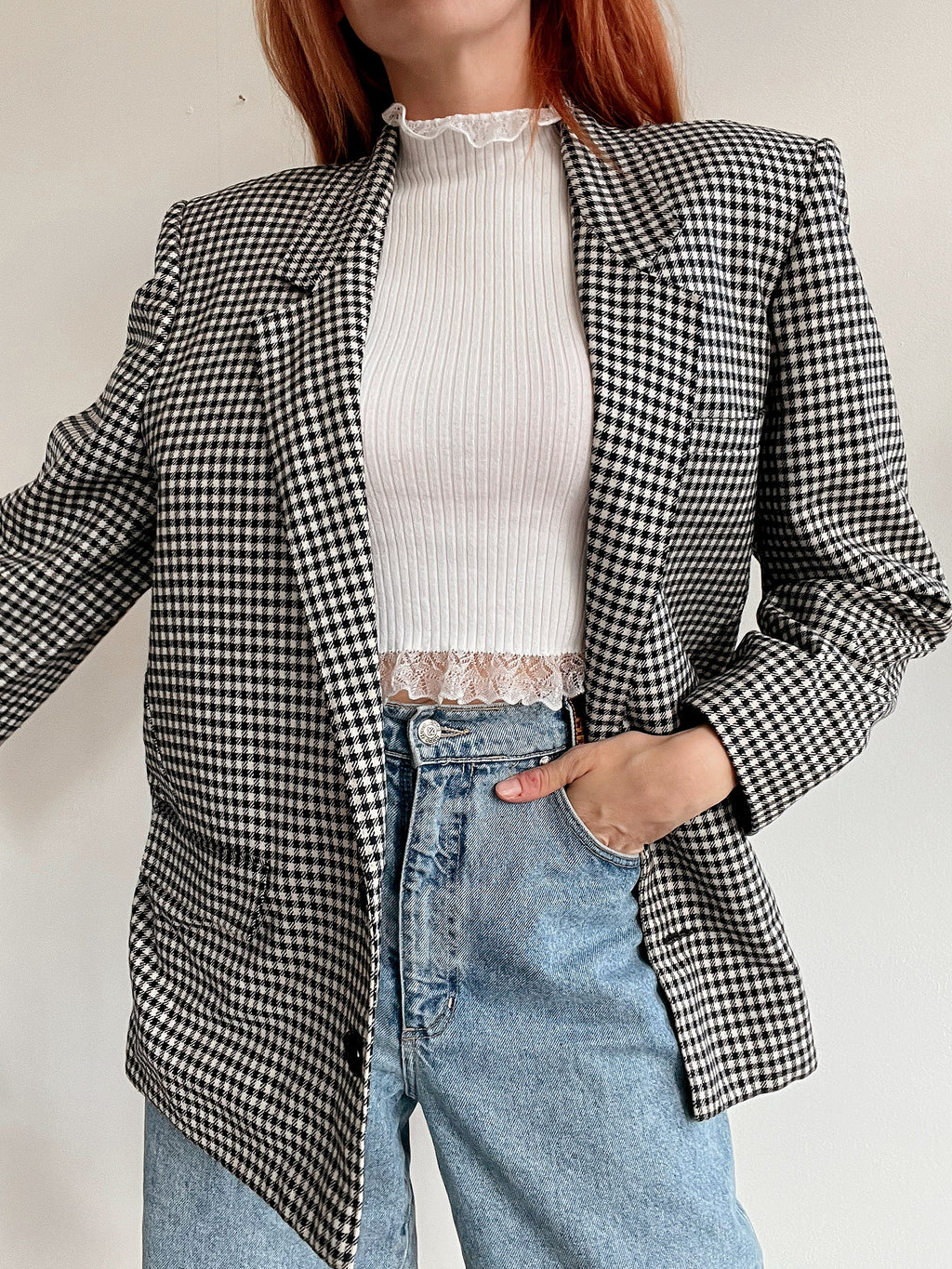 Dicker Vintage-Blazer mit Hahnentrittmuster, sehr dunkelblau, M/L