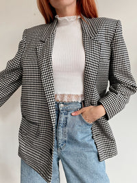 Dicker Vintage-Blazer mit Hahnentrittmuster, sehr dunkelblau, M/L