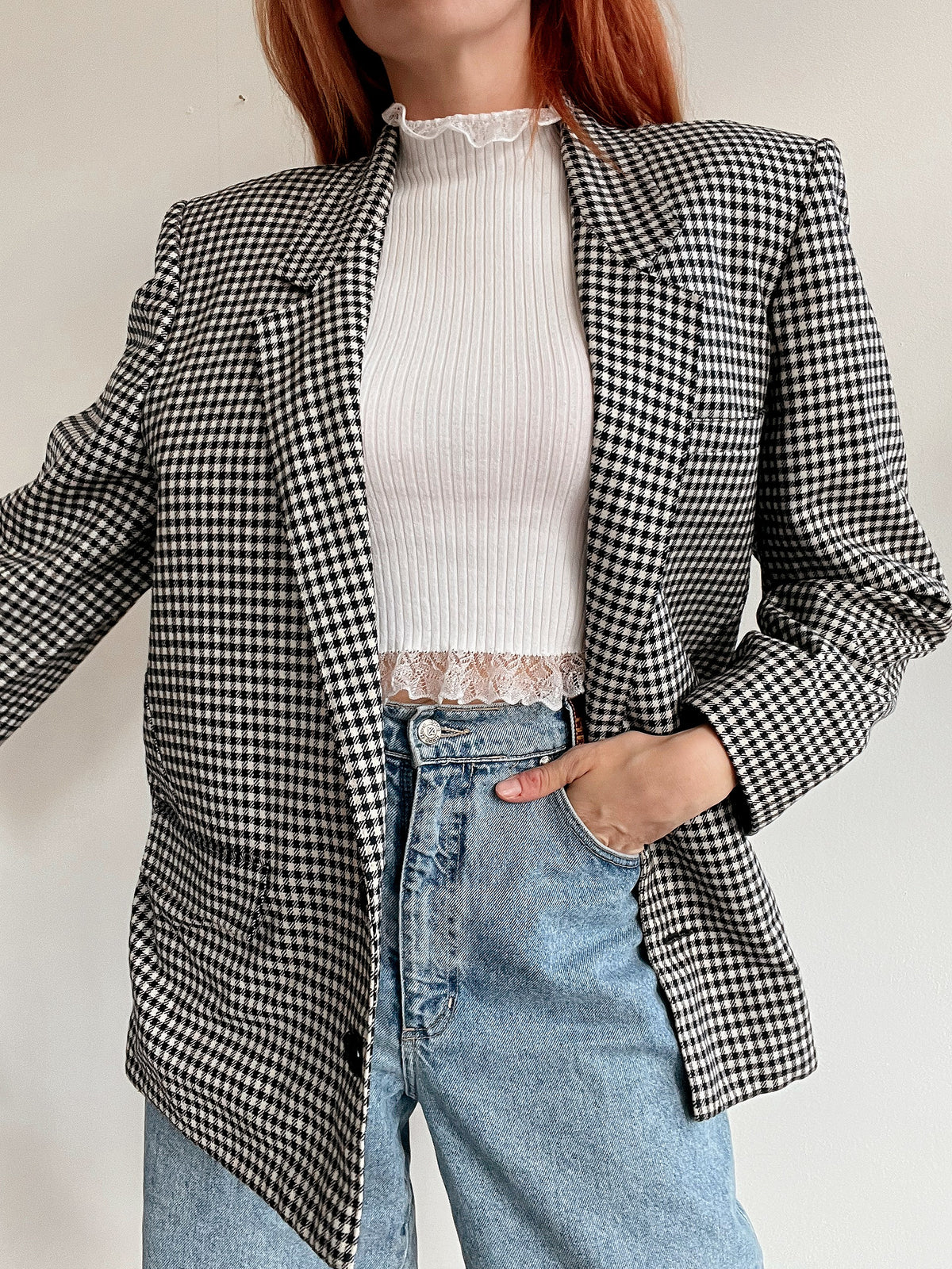 Dicker Vintage-Blazer mit Hahnentrittmuster, sehr dunkelblau, M/L