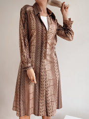 Langes beige gemustertes Vintage-Kleid M/L