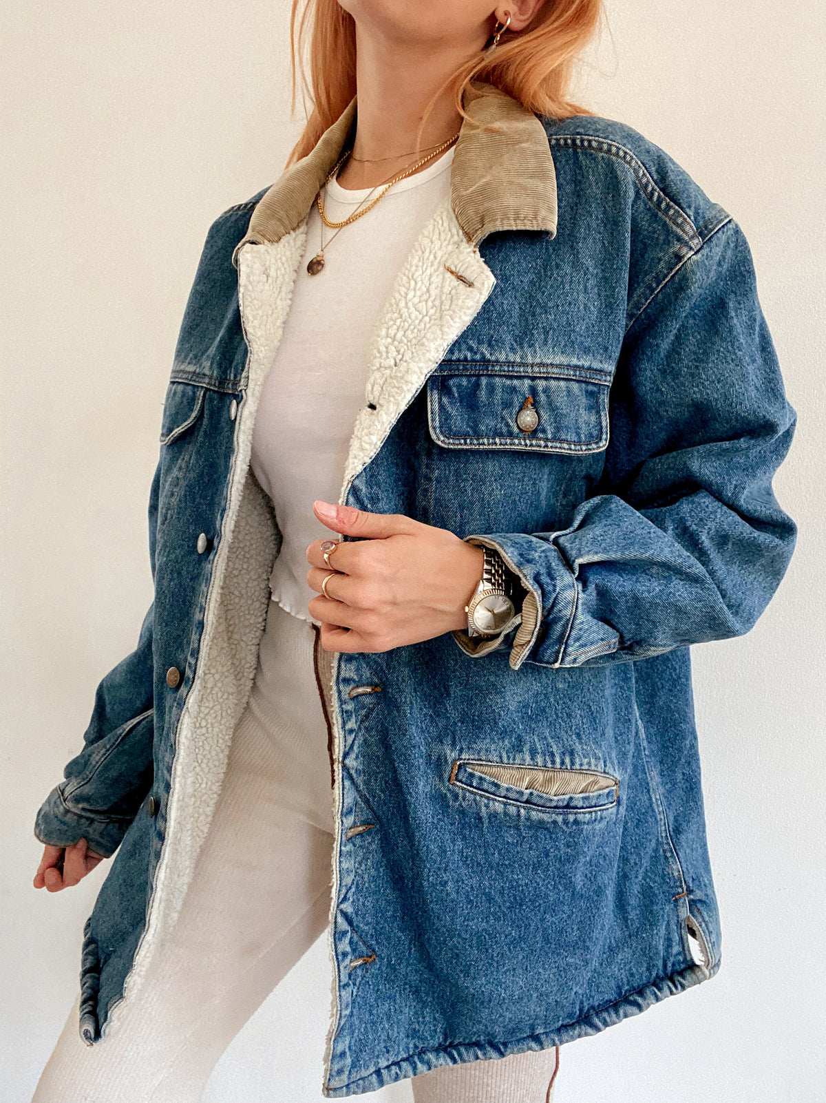 Veste en jeans vintage mi-longue oversized intérieur mouton M/L