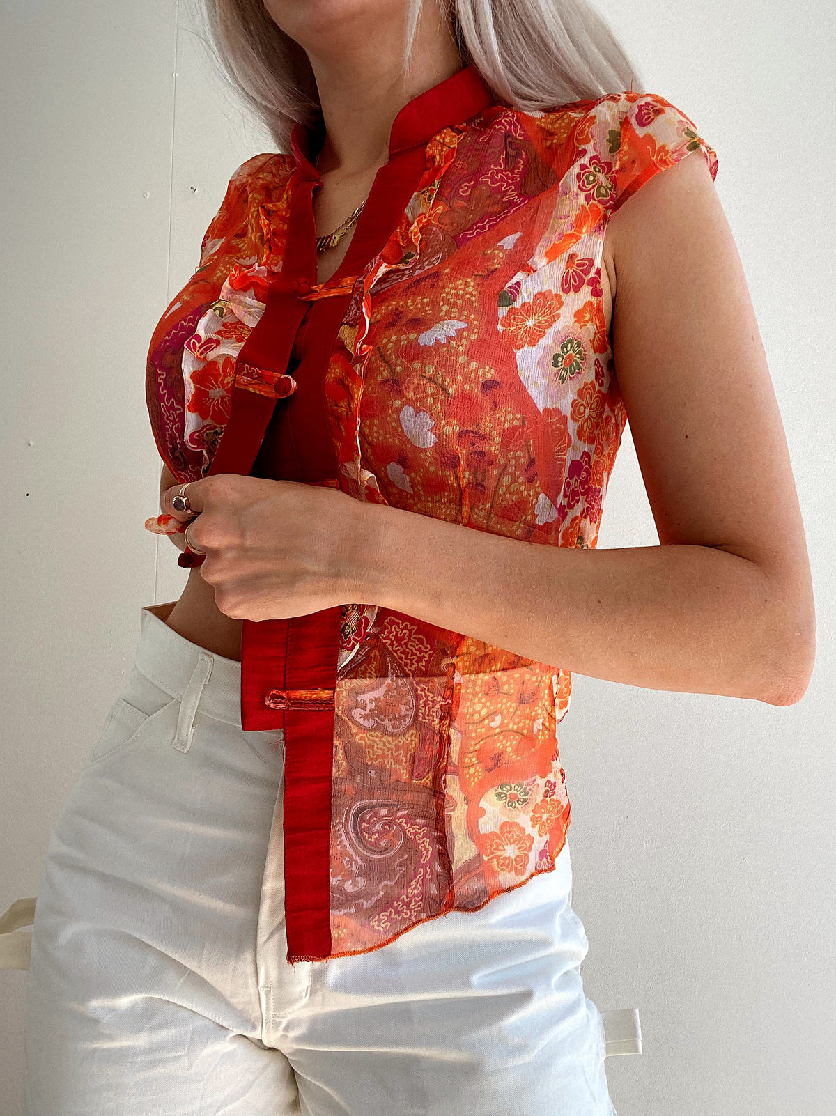 Vintage 80/90er Jahre transparentes orangefarbenes Seidentop XS
