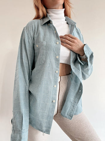 Chemise vintage en laine bleue clair/turquoise  à carreaux M/L